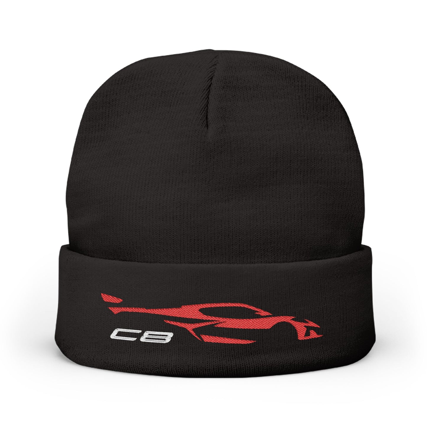 Corvette Red C8 Embroidery Winter Beanie, Knitted Hat, Cozy Cap, Outdoor Accessory, Unisex, Gift for Him, Gift for Her