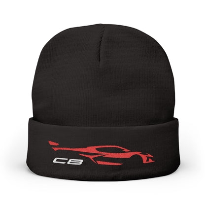 Corvette Red C8 Embroidery Winter Beanie, Knitted Hat, Cozy Cap, Outdoor Accessory, Unisex, Gift for Him, Gift for Her