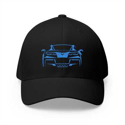 Corvette C7 Custom Silhouette Baseball Cap, Flexfit Hat, Stretchy Band, Black Hat, Corvette Gear, Embroidery