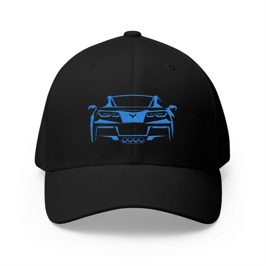 Corvette C7 Custom Silhouette Baseball Cap, Flexfit Hat, Stretchy Band, Black Hat, Corvette Gear, Embroidery