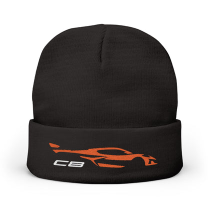 Corvette Orange C8 Embroidery Winter Beanie, Knitted Hat, Cozy Cap, Outdoor Accessory, Unisex, Gift for Him, Gift for Her