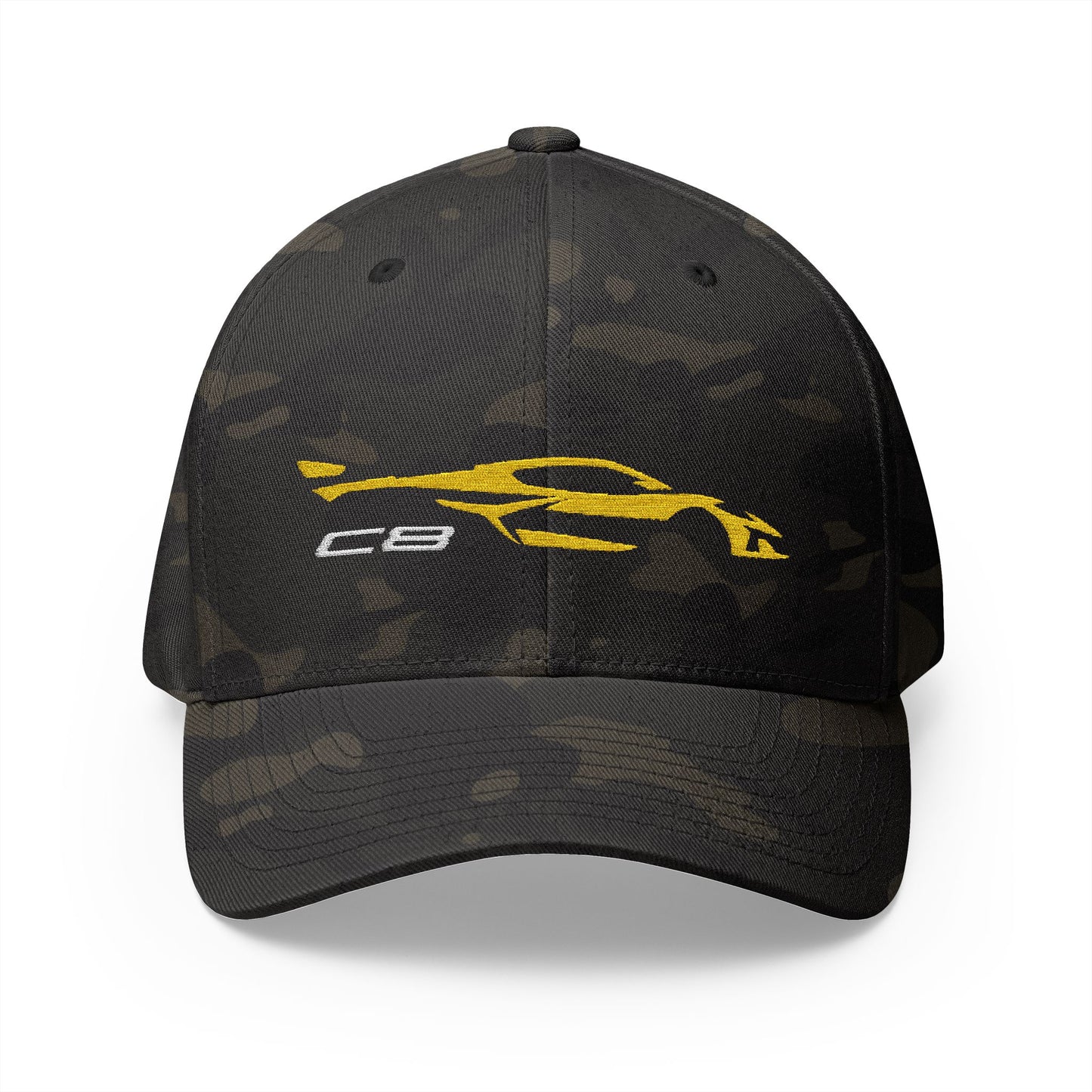 Corvette Yellow C8 Silhouette Baseball Cap, Flexfit Hat, Stretchy Band, Black Hat, Corvette Gear, Embroidery