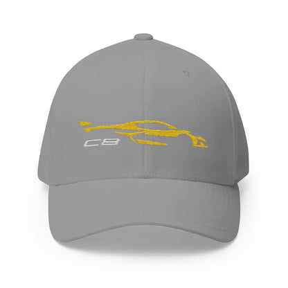 Corvette Yellow C8 Silhouette Baseball Cap, Flexfit Hat, Stretchy Band, Black Hat, Corvette Gear, Embroidery