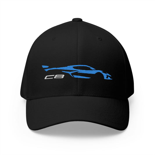 Corvette Blue C8 Silhouette Baseball Cap, Flexfit Hat, Stretchy Band, Black Hat, Corvette Gear, Embroidery
