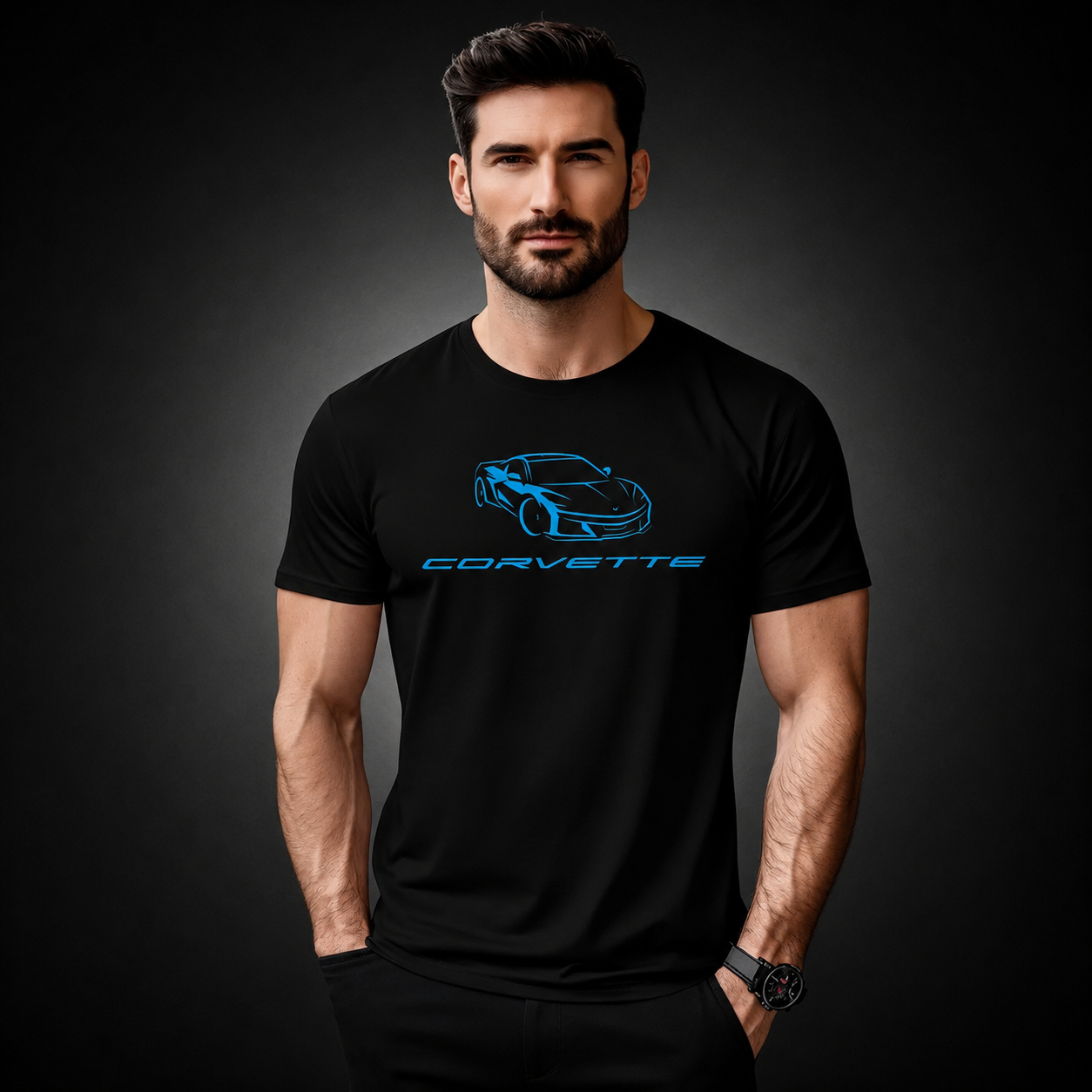Corvette C8 Car Logo Blue Edition Graphic T-Shirt Black