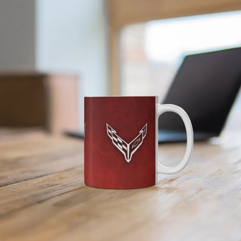 Corvette Coffee Mug - Corvette Ceramic Mug - 11oz. Coffee Mug - Chevy Corvette Mug - Microwave-Safe - Gift for Car Enthusiasts - C8 Logo