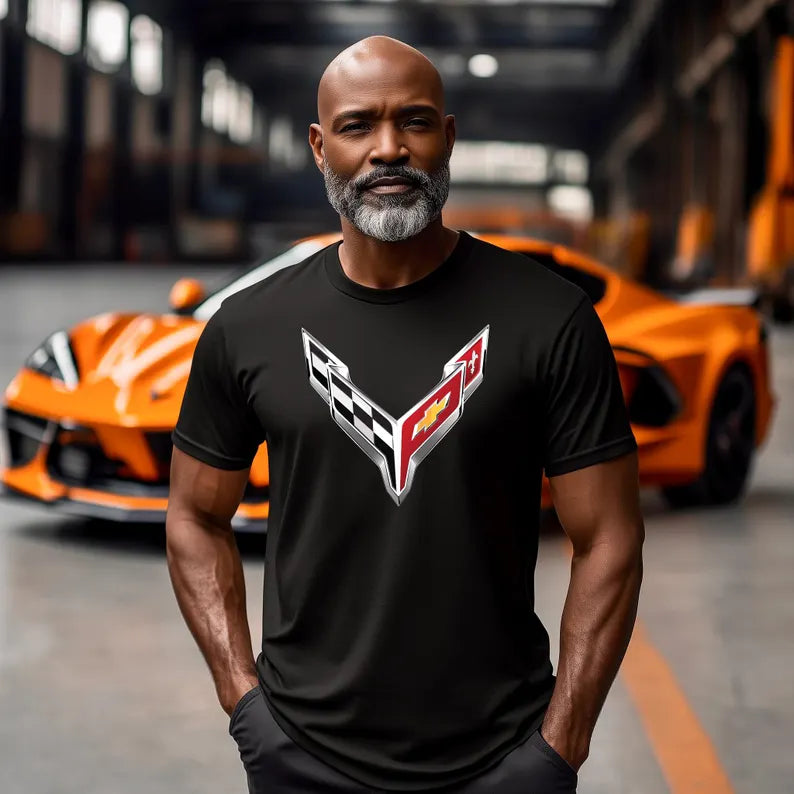 Corvette T-Shirt, Corvette Logo, Chrome C8 Emblem, Bella and Canvas Soft Tee, Corvette Apparel, Graphic Tee
