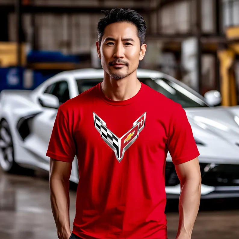 Corvette T-Shirt, Corvette Logo, Chrome C8 Emblem, Bella and Canvas Soft Tee, Corvette Apparel, Graphic Tee