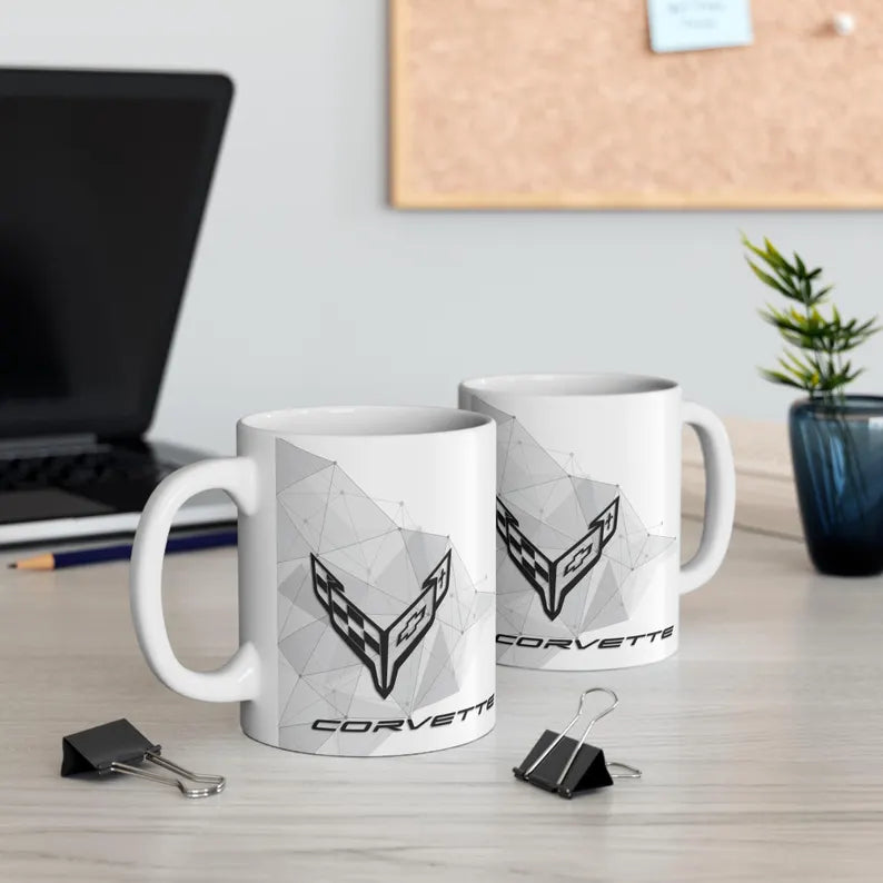 Corvette Coffee Mug - Corvette Ceramic Mug - 11oz. Coffee Mug - Chevy Corvette Mug - Microwave-Safe - Gift for Car Enthusiasts - C8 Logo