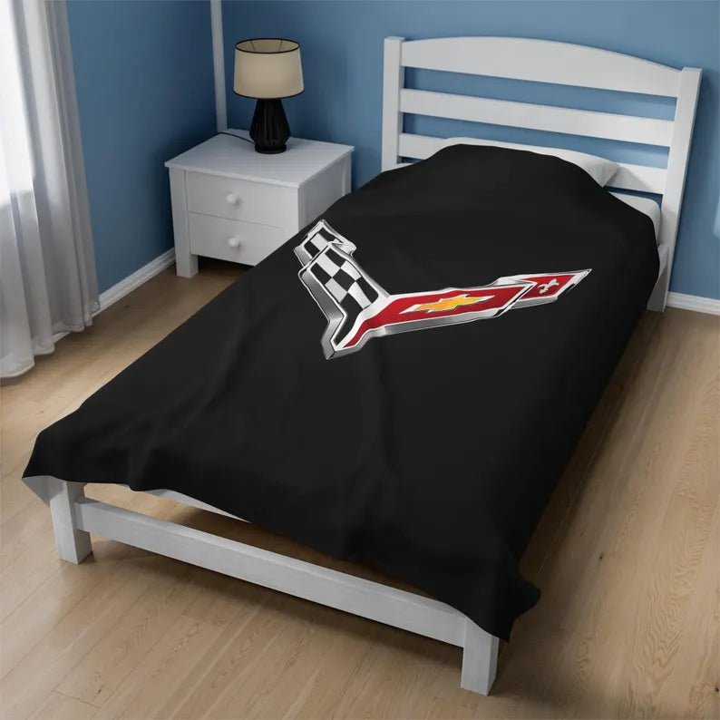 Corvette Blanket, C8 Corvette Gifts, Car Enthusist , Soft Blanket, Corvette Logo, Velveteen Blanket, Car Guy Gifts, Corvette Accessory