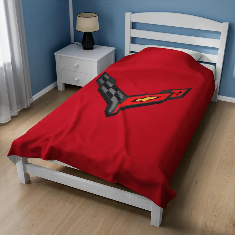 Corvette Blanket, C8 Corvette Gifts, Car Enthusist, Soft Blanket, Corvette Logo, Velveteen Blanket, Car Guy Gifts, Corvette Accessory