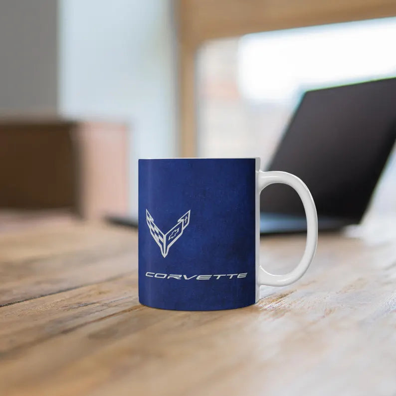 Corvette Coffee Mug - Corvette Ceramic Mug - 11oz. Coffee Mug - Chevy Corvette Mug - Microwave-Safe - Gift for Car Enthusiasts - C8 Logo
