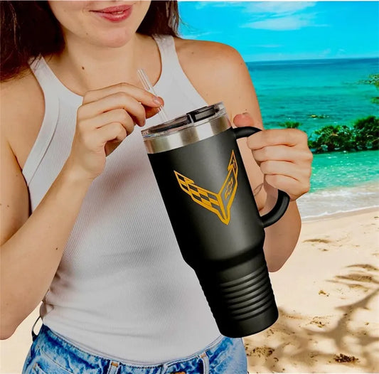 Corvette Travel Mug, C8 Corvette Gifts, Car Enthusiast Mug, 40oz Tumbler, Stainless Steel, Corvette Logo, Car Guy Gifts, Corvette Accessory