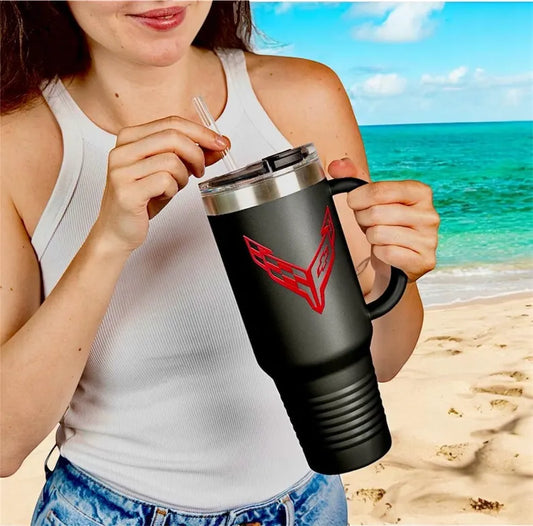 Corvette Travel Mug, C8 Corvette Gifts, Car Enthusiast Mug, 40oz Tumbler, Stainless Steel, Corvette Logo, Car Guy Gifts, Corvette Accessory