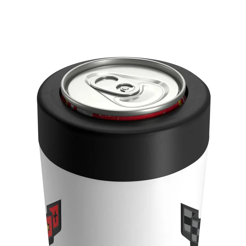 Corvette C8 White Can Coozie for Fans, Beer and Soda Holder, Drink Insulator, Gift for Car Enthusiasts, Racing Events, Tailgating, C8 Logo