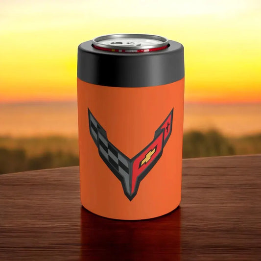 Corvette C8 Orange Can Coozie for Fans, Beer and Soda Holder, Drink Insulator, Gift for Car Enthusiasts, Racing Events, Tailgating, C8 Logo