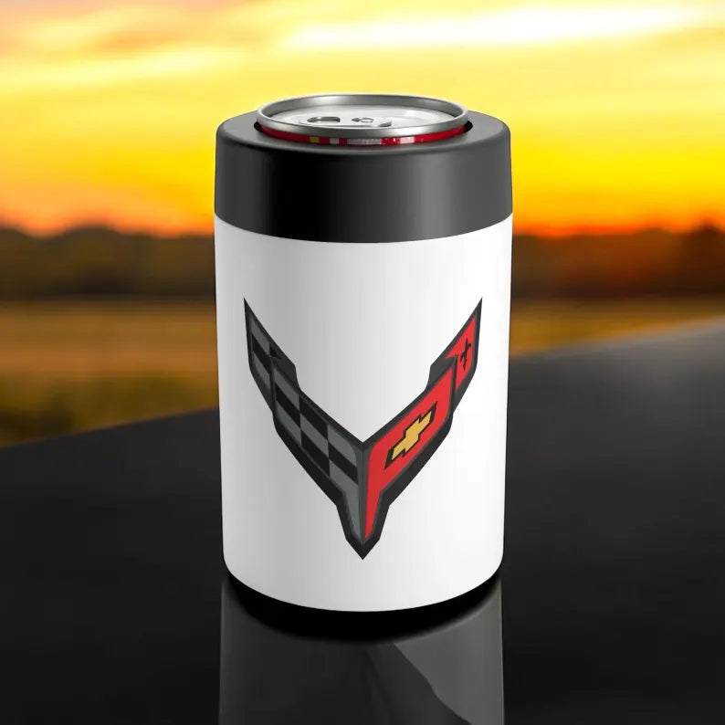 Corvette C8 White Can Coozie for Fans, Beer and Soda Holder, Drink Insulator, Gift for Car Enthusiasts, Racing Events, Tailgating, C8 Logo