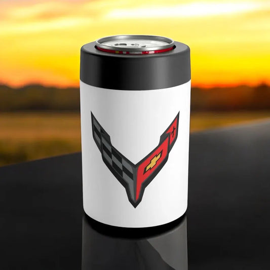 Corvette C8 White Can Coozie for Fans, Beer and Soda Holder, Drink Insulator, Gift for Car Enthusiasts, Racing Events, Tailgating, C8 Logo