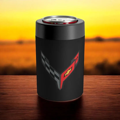 Corvette C8 Black Can Coozie for Fans, Beer and Soda Holder, Drink Insulator, Gift for Car Enthusiasts, Racing Events, Tailgating, C8 Logo