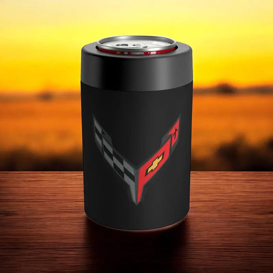 Corvette C8 Black Can Coozie for Fans, Beer and Soda Holder, Drink Insulator, Gift for Car Enthusiasts, Racing Events, Tailgating, C8 Logo