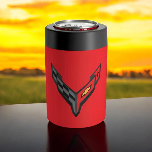 Corvette C8 Red Can Coozie for Fans, Beer and Soda Holder, Drink Insulator, Gift for Car Enthusiasts, Racing Events, Tailgating, C8 Logo