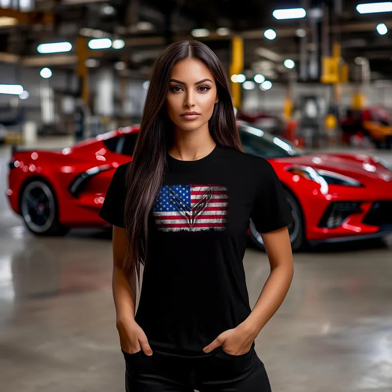 Corvette C8 USA T-Shirt, Bella and Canvas T-Shirt, Corvette American Flag, Graphic Tee, Corvette Logo