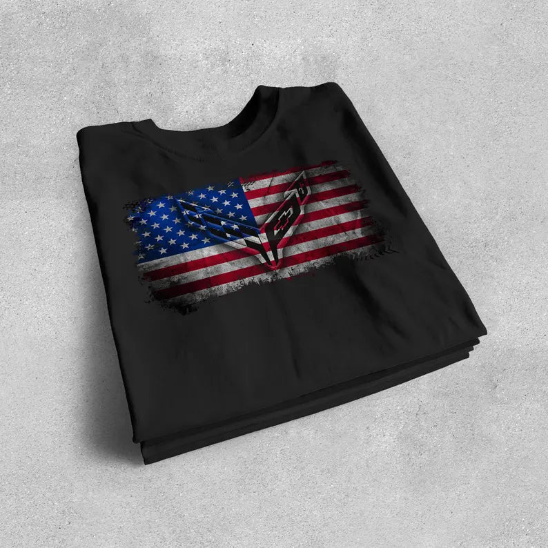 Corvette C8 USA T-Shirt, Bella and Canvas T-Shirt, Corvette American Flag, Graphic Tee, Corvette Logo