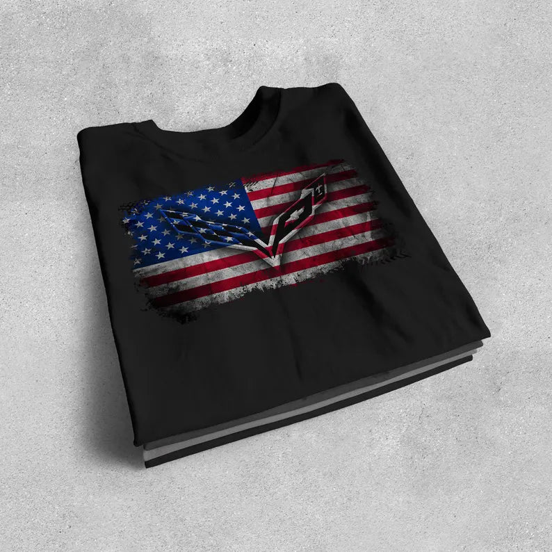Corvette C7 USA T-Shirt, Bella and Canvas T-Shirt, Corvette American Flag, Graphic Tee, Corvette Logo