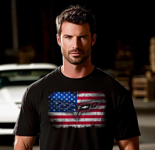 Corvette C6 USA T-Shirt, Bella and Canvas T-Shirt, Corvette American Flag, Graphic Tee, Corvette Logo