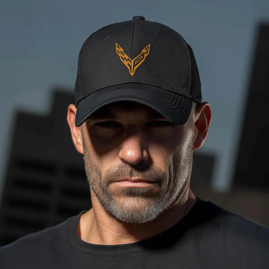 Corvette C8 Orange Logo Baseball Cap, Flexfit® Hat, Stretchy Band, Black Hat, Corvette Gear, Embroidery