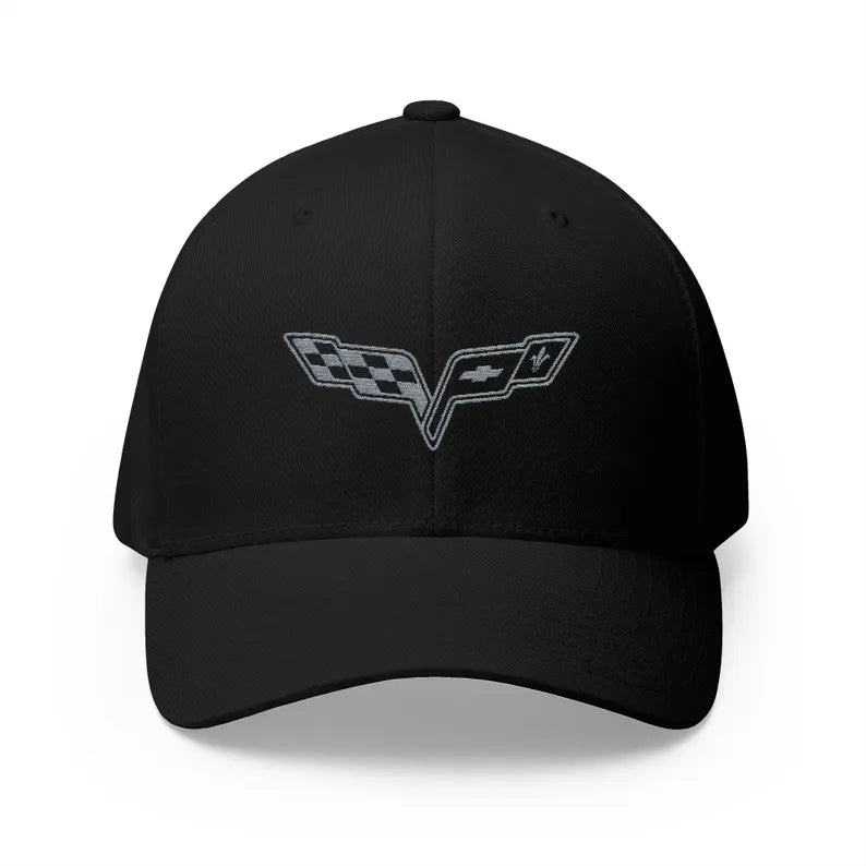 Corvette C6 Grey Logo Baseball Cap, Flexfit® Hat, Stretchy Band, Black Hat, Corvette Gear, Embroidery