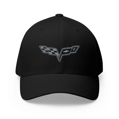 Corvette C6 Grey Logo Baseball Cap, Flexfit® Hat, Stretchy Band, Black Hat, Corvette Gear, Embroidery