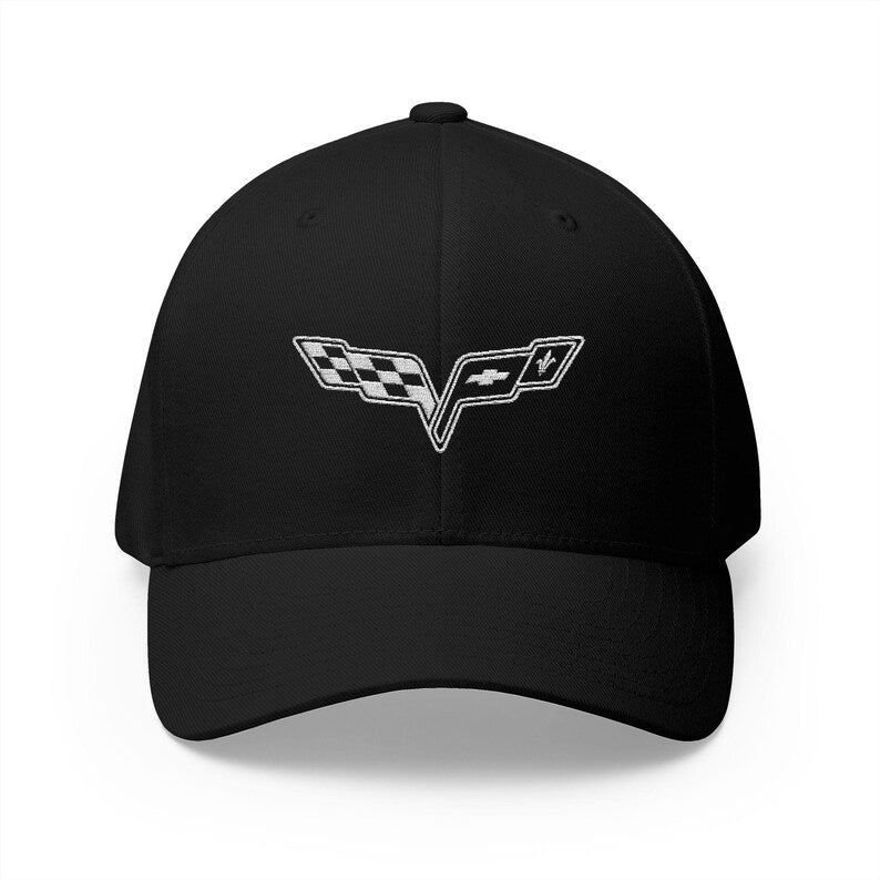 Corvette C6 White Logo Baseball Cap, Flexfit® Hat, Stretchy Band, Black Hat, Corvette Gear, Embroidery