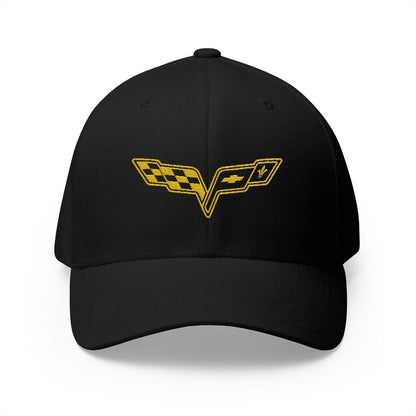 Corvette C6 Yellow Logo Baseball Cap, Flexfit® Hat, Stretchy Band, Black Hat, Corvette Gear, Embroidery