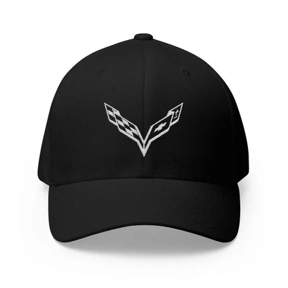Corvette C7 White Logo Baseball Cap, Flexfit® Hat, Stretchy Band, Black Hat, Corvette Gear, Embroidery