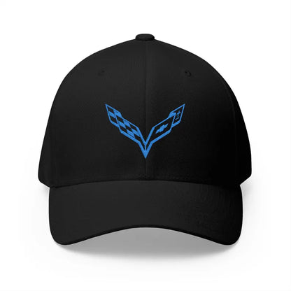 Corvette C7 Blue Logo Baseball Cap, Flexfit® Hat, Stretchy Band, Black Hat, Corvette Gear, Embroidery