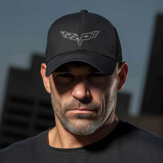 Corvette C6 Grey Logo Baseball Cap, Flexfit® Hat, Stretchy Band, Black Hat, Corvette Gear, Embroidery