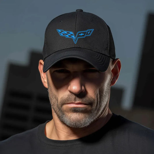 Corvette C6 Blue Logo Baseball Cap, Flexfit® Hat, Stretchy Band, Black Hat, Corvette Gear, Embroidery