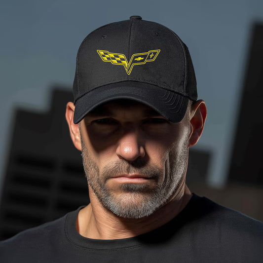 Corvette C6 Yellow Logo Baseball Cap, Flexfit® Hat, Stretchy Band, Black Hat, Corvette Gear, Embroidery