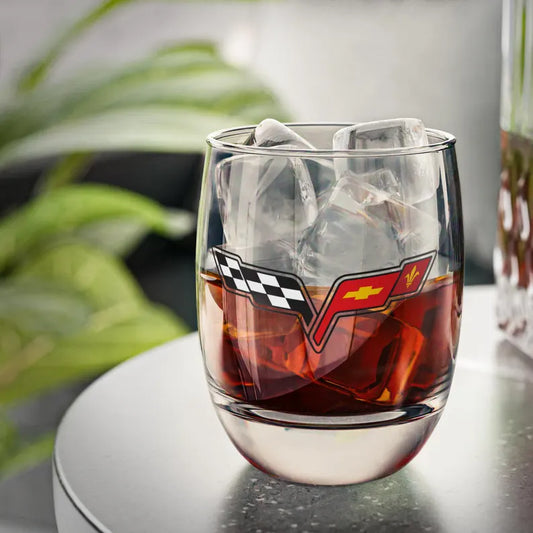 Corvette Whiskey Glass, C6 Logo, Barware for Car Lovers, Vintage Style Drinkware, Gift for Guys, Gifts for Car Girls, Whiskey Collectors