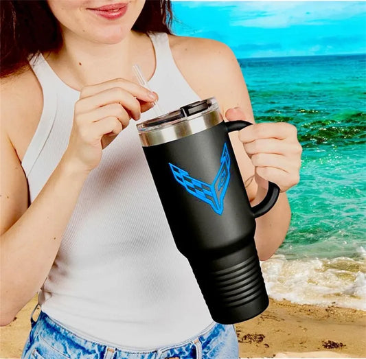 Corvette Travel Mug, C8 Corvette Gifts, Car Enthusiast Mug, 40oz Tumbler, Stainless Steel, Corvette Logo, Car Guy Gifts, Corvette Accessory