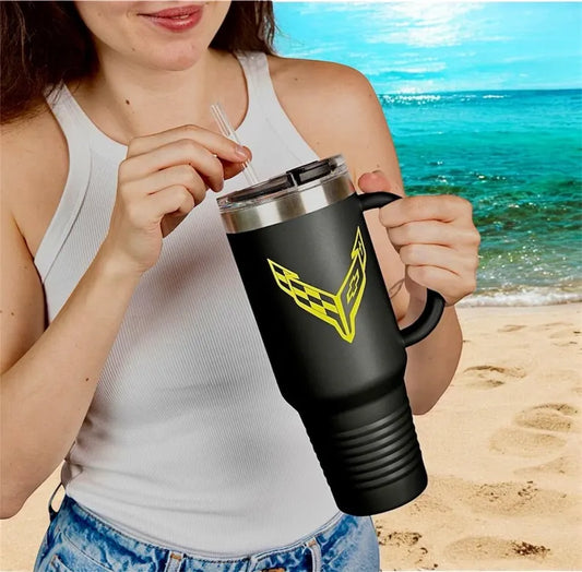 Corvette Travel Mug, C8 Corvette Gifts, Car Enthusiast Mug, 40oz Tumbler, Stainless Steel, Corvette Logo, Car Guy Gifts, Corvette Accessory