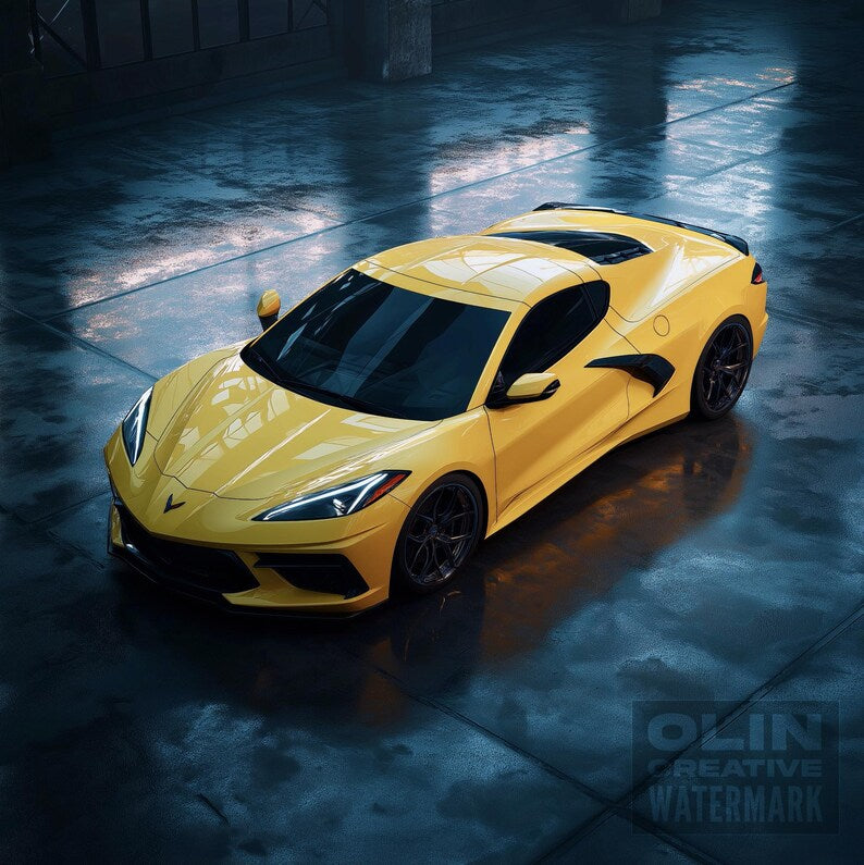 Corvette Printable Wall Art, Gifts for Car Guys, Gifts for Car Girls, Instant Download, Digital Download, Yellow Corvette C8