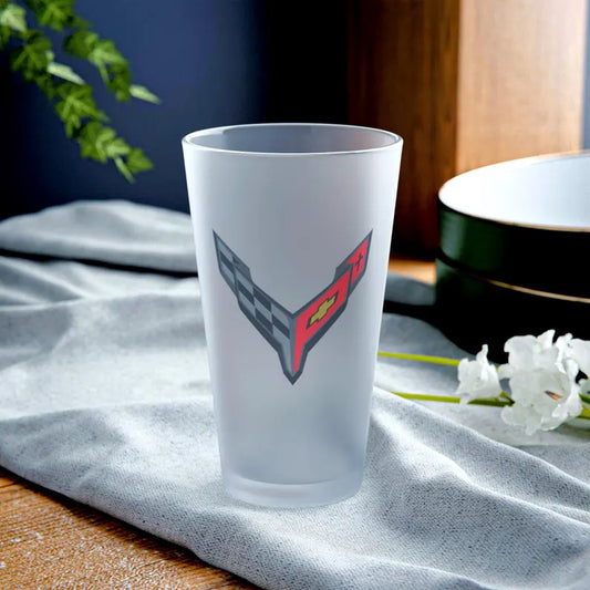 Corvette Frosted Pint Glass, C8 Logo, Perfect for Car Enthusiasts, Gifts for Gearheads, Barware for Celebrations, Gifts for Dad
