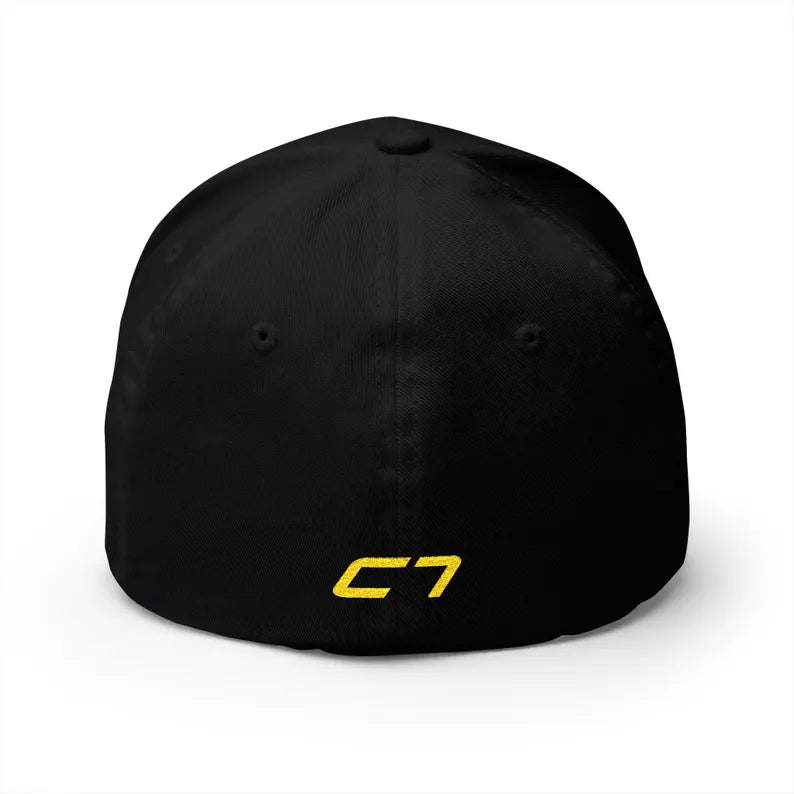 Corvette C7 Yellow Logo Baseball Cap, Flexfit® Hat, Stretchy Band, Black Hat, Corvette Gear, Embroidery