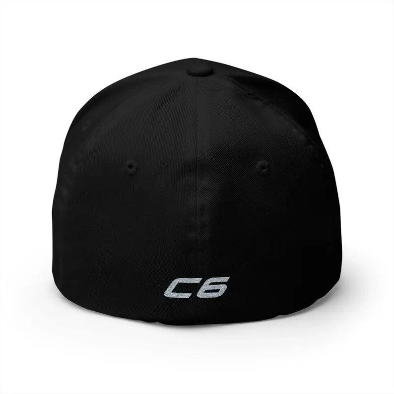 Corvette C6 Grey Logo Baseball Cap, Flexfit® Hat, Stretchy Band, Black Hat, Corvette Gear, Embroidery