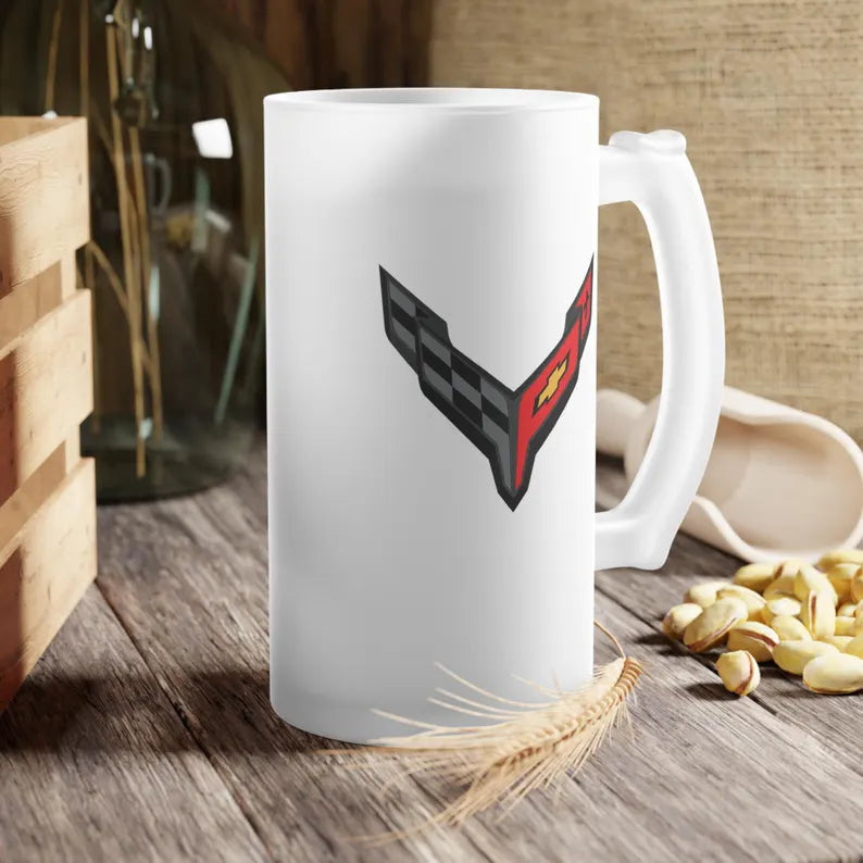 Corvette Beer Mug, Frosted 16oz. Glass, C8 Logo, Gifts for Car Guys, Gifts for Car Girls, Bar Accessories, Corvette Merchandise