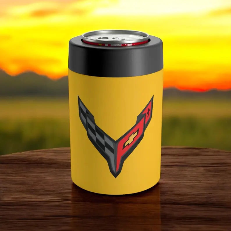 Corvette C8 Yellow Can Coozie for Fans, Beer and Soda Holder, Drink Insulator, Gift for Car Enthusiasts, Racing Events, Tailgating, C8 Logo