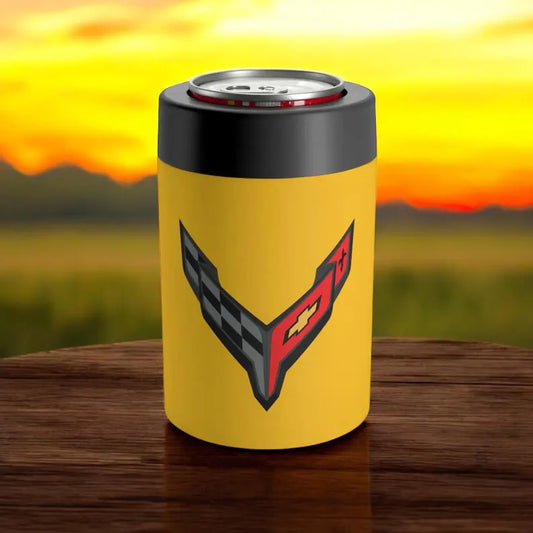 Corvette C8 Yellow Can Coozie for Fans, Beer and Soda Holder, Drink Insulator, Gift for Car Enthusiasts, Racing Events, Tailgating, C8 Logo