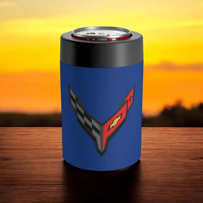 Corvette C8 Blue Can Coozie for Fans, Beer and Soda Holder, Drink Insulator, Gift for Car Enthusiasts, Racing Events, Tailgating, C8 Logo